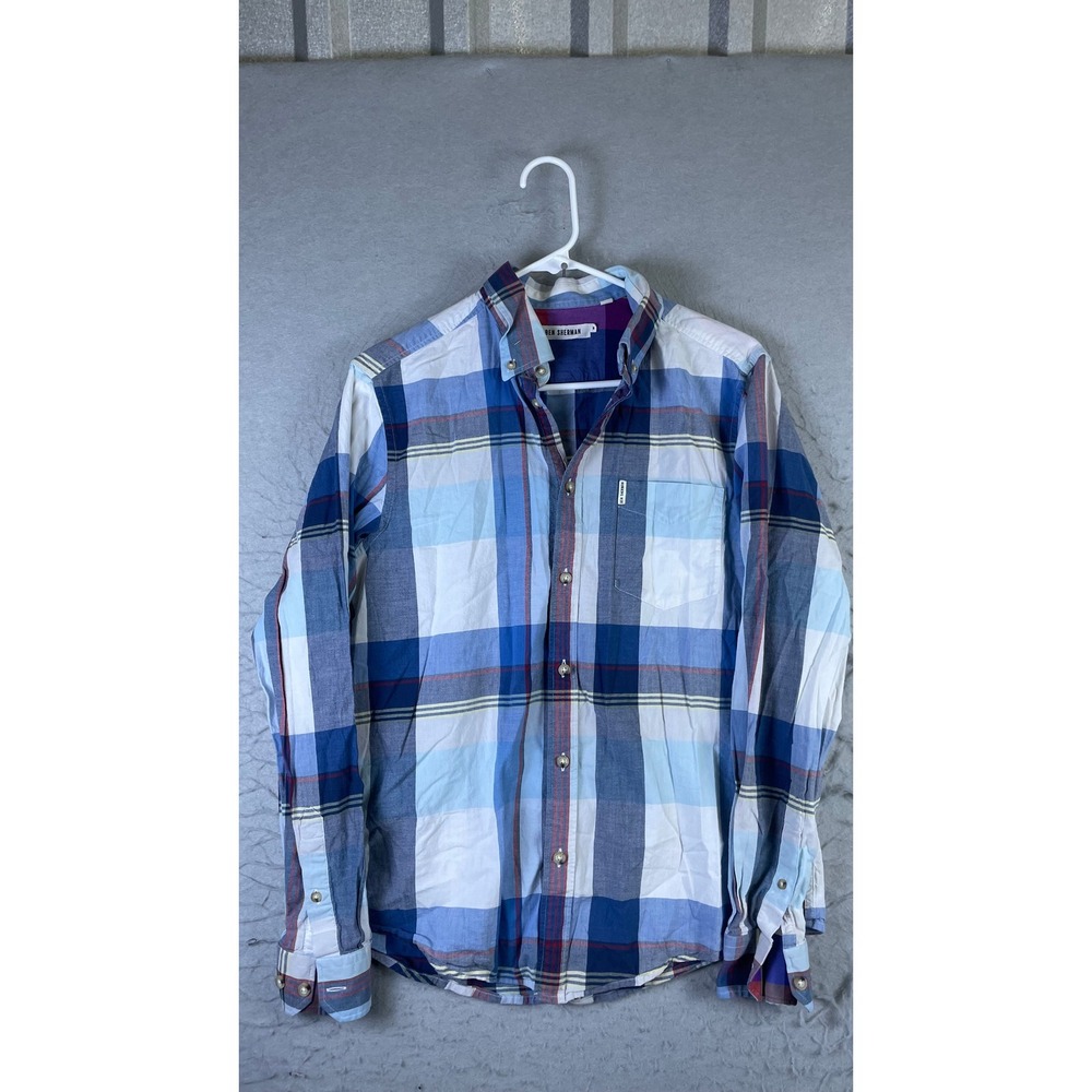 Ben Sherman Button Down Shirt Mens Medium Blue Plaid Long Sleeve Excellent